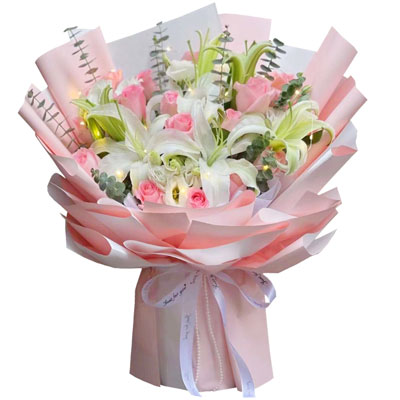 德宏16朵粉玫瑰百合，感情稳定坚固