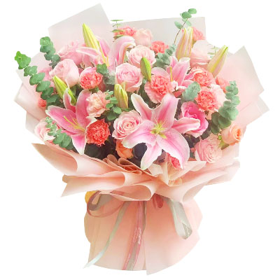 德宏11朵粉色康乃馨玫瑰百合，充满爱和温馨